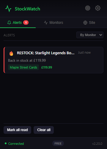 The extension's Alerts tab showing a restock alert for a booster box at £119.99