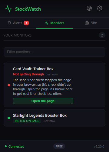 The Monitors tab with one monitor marked Not getting through and an Open the page button under it