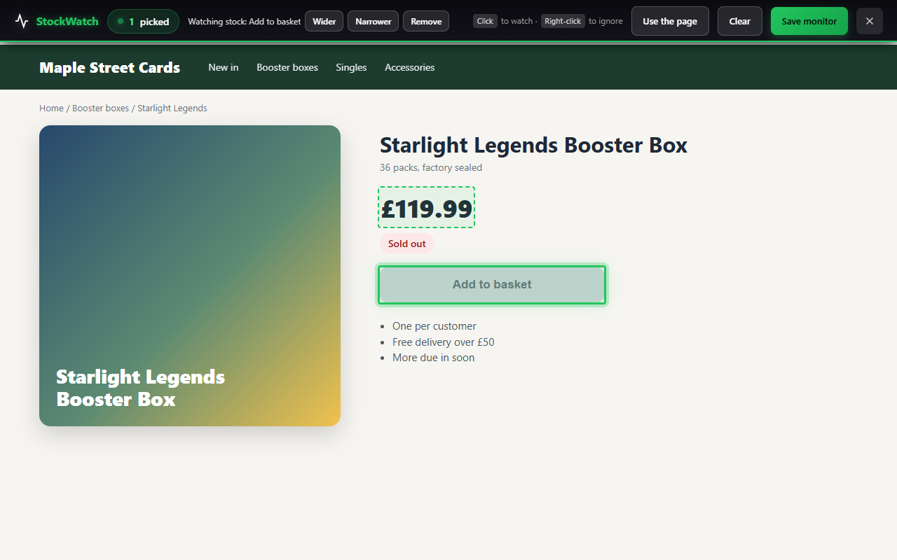 A product page with a sold-out Add to basket button outlined in green and the StockWatch bar across the top reading Watching stock