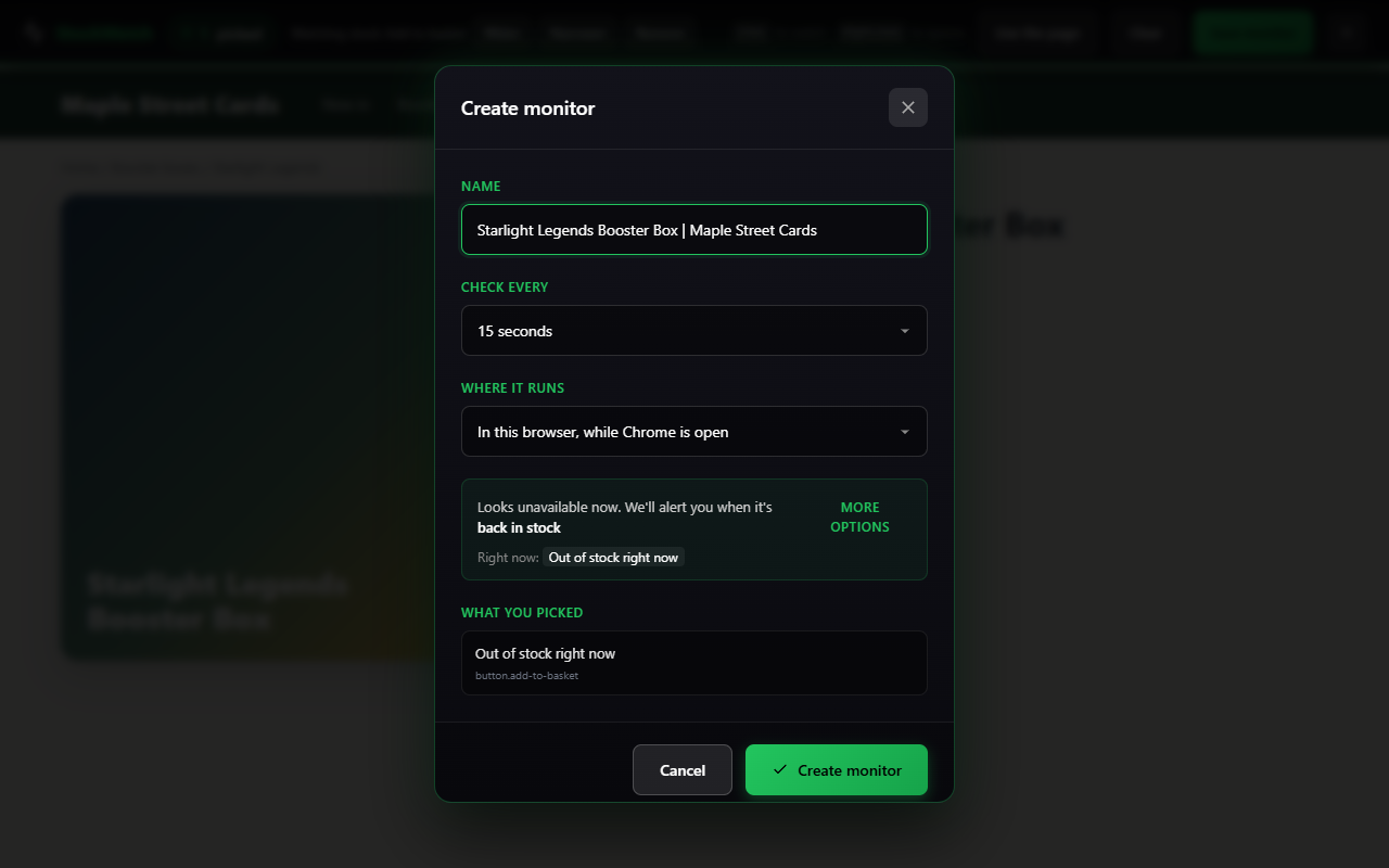 The Create monitor dialog with a name, how often to check, where it runs, and a note that the button looks unavailable now
